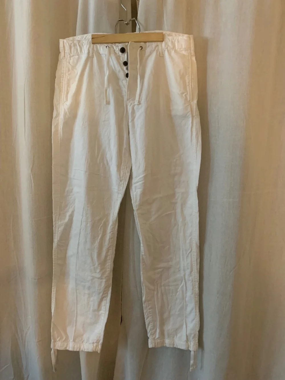H&M L.O.G.G. Off-White Linen Blend Drawstring Hem Straight Pants US 4